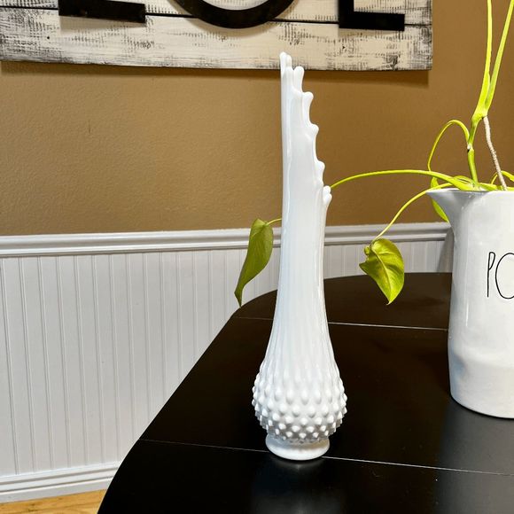 Fenton Milk Glass Hobnail Swung Vase 1960s 14 3/4" Tall